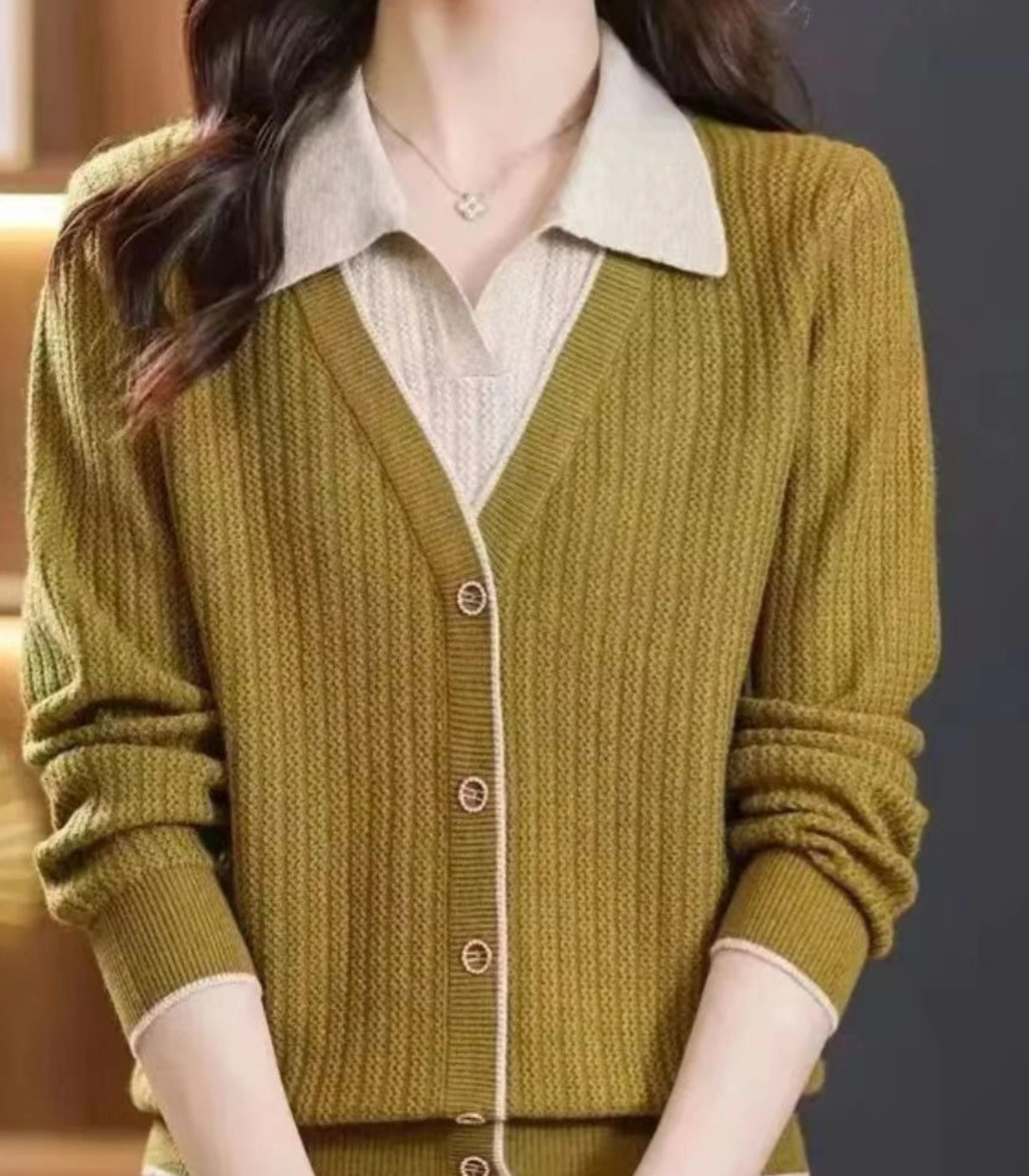1 Faux Layered V-Neck Cardigan Sweater - Image 4