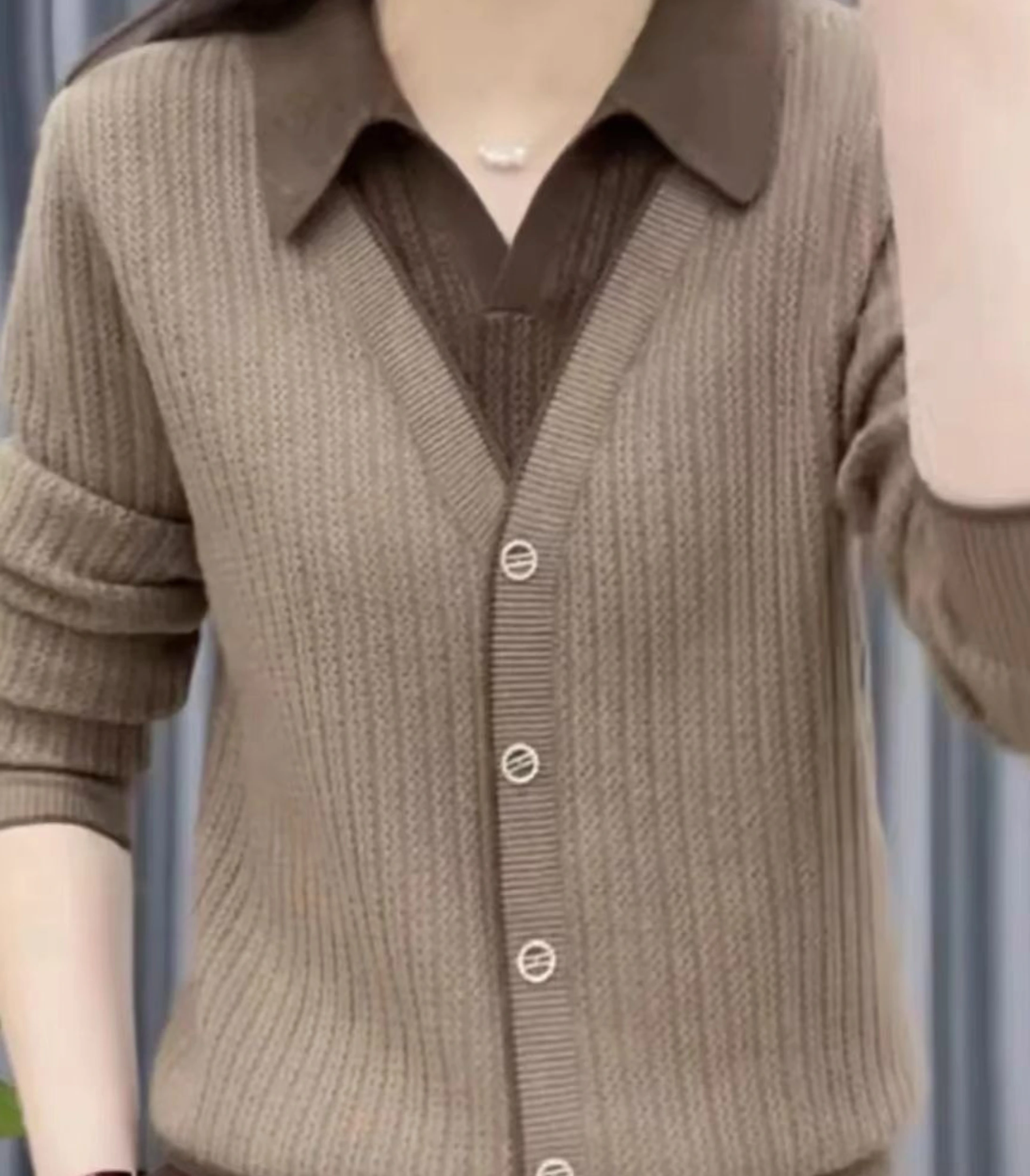 2 Faux Layered V-Neck Cardigan Sweater - Image 3