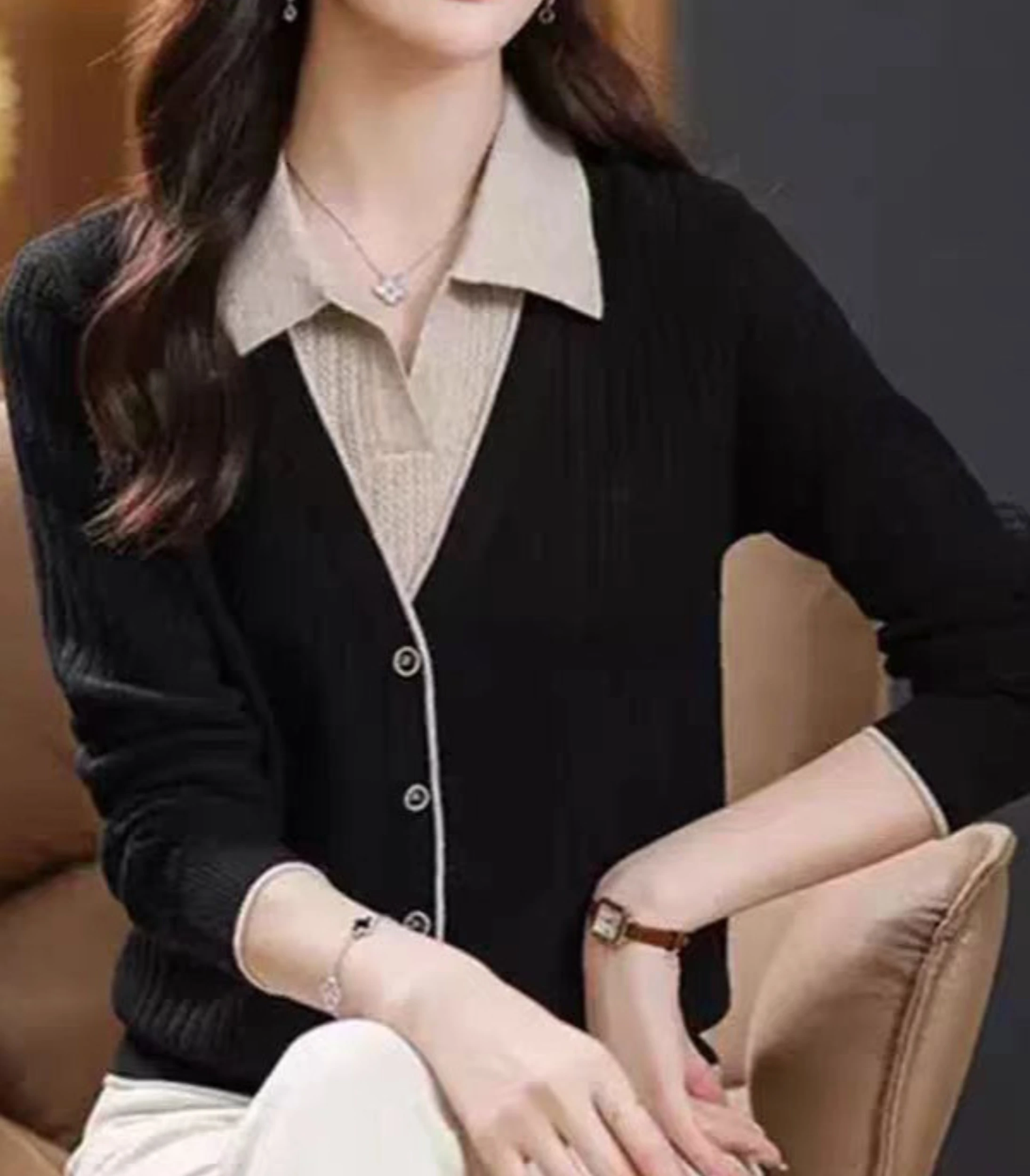 4 Faux Layered V-Neck Cardigan Sweater - Image 1