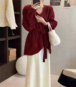 European V Neck Belt Mid-Length Sheep Cashmere Sweater for Women in Autumn and Winter Loose Knitted Wool Inner Base Sweater
