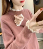 Women’s Knit Sweater with Scalloped Lace Mock-Neck and Cuffs - Image 2