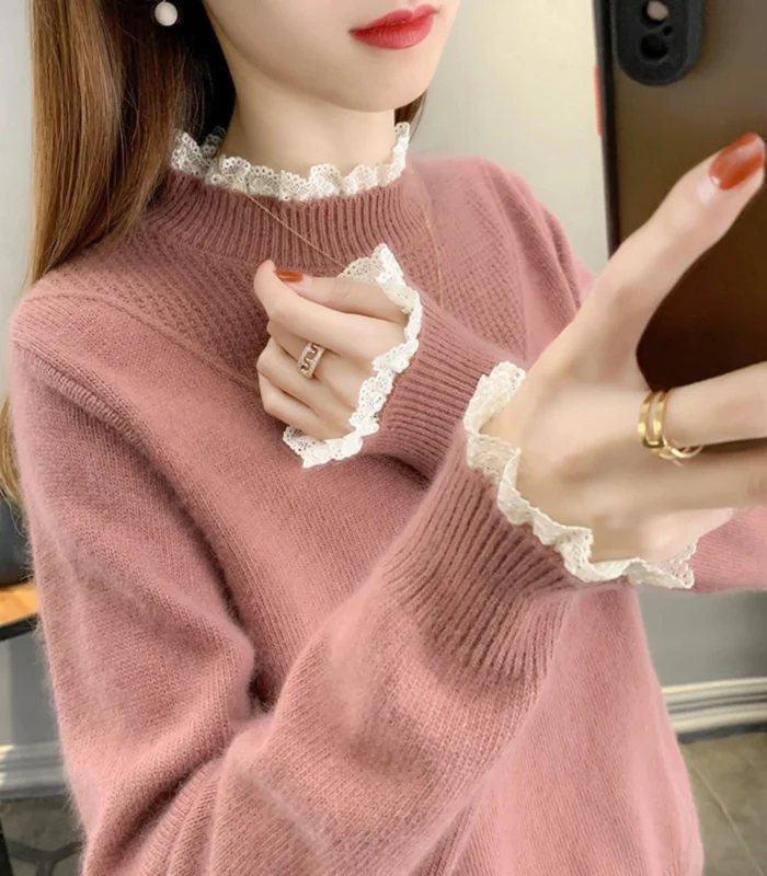Women’s Knit Sweater with Scalloped Lace Mock-Neck and Cuffs - Image 2