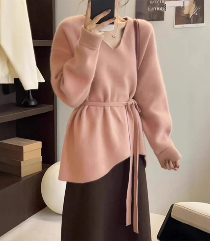 European V Neck Belt Mid-Length Sheep Cashmere Sweater for Women in Autumn and Winter Loose Knitted Wool Inner Base Sweater - Image 3