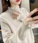 Women’s Knit Sweater with Scalloped Lace Mock-Neck and Cuffs - Image 3