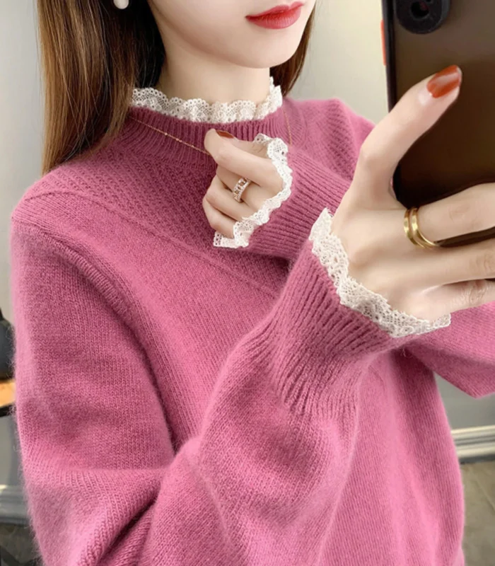 Women’s Knit Sweater with Scalloped Lace Mock-Neck and Cuffs - Image 1