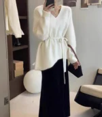 European V Neck Belt Mid-Length Sheep Cashmere Sweater for Women in Autumn and Winter Loose Knitted Wool Inner Base Sweater - Image 4