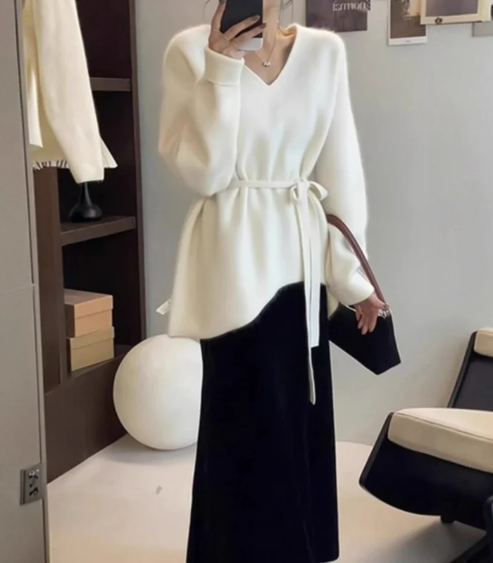 European V Neck Belt Mid-Length Sheep Cashmere Sweater for Women in Autumn and Winter Loose Knitted Wool Inner Base Sweater - Image 4