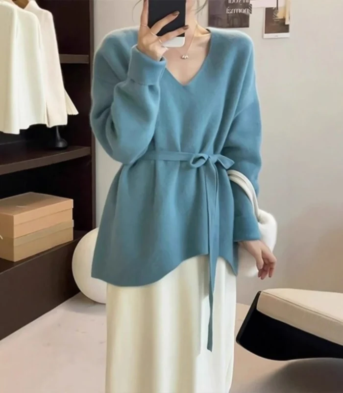European V Neck Belt Mid-Length Sheep Cashmere Sweater for Women in Autumn and Winter Loose Knitted Wool Inner Base Sweater - Image 5