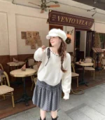 Women’s Nautical-Accent Knit Sweater and Khaki Pleated Skort Set - Image 2