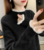 Women’s Knit Sweater with Scalloped Lace Mock-Neck and Cuffs - Image 5