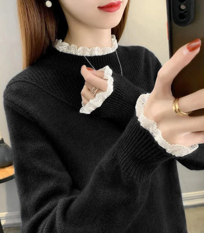 Women’s Knit Sweater with Scalloped Lace Mock-Neck and Cuffs - Image 5