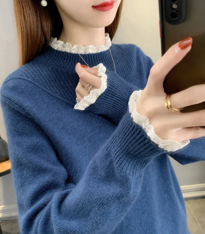 Women’s Knit Sweater with Scalloped Lace Mock-Neck and Cuffs - Image 6