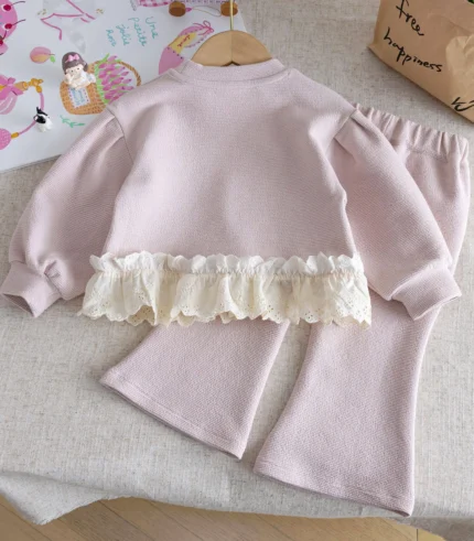 Toddler & Girls’ Dusty Rose Waffle-Knit Set: Eyelet Lace Hem Pullover and Flare Leggings (2-Piece)