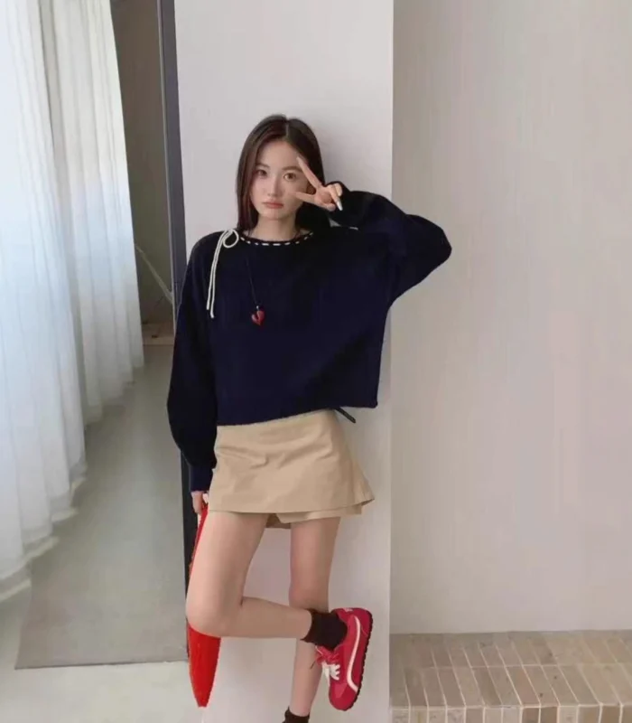 Women’s Nautical-Accent Knit Sweater and Khaki Pleated Skort Set - Image 1